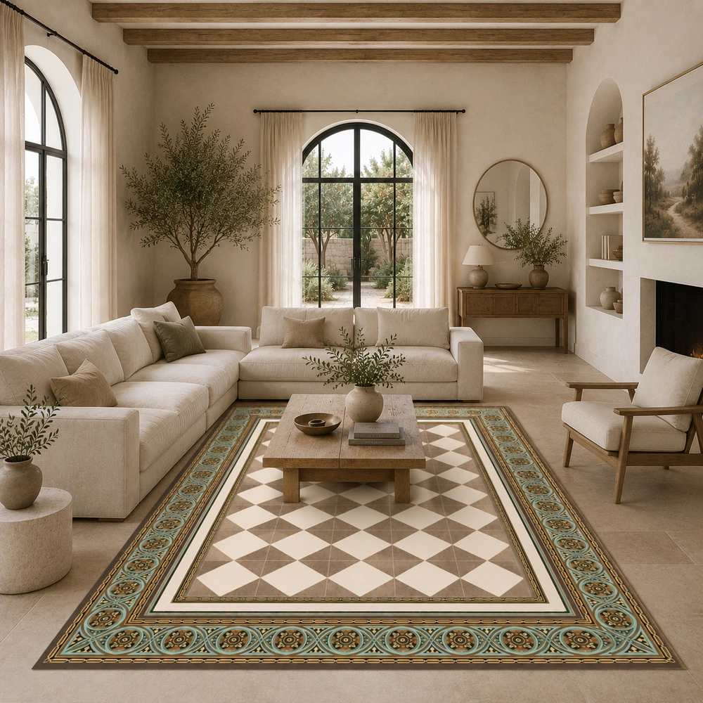 שטיח PVC מעוצב דגם ";Harmony Venice";| שטיח ויניל דמוי אריחים בגווני בז'; עם מסגרת מעוטרת
