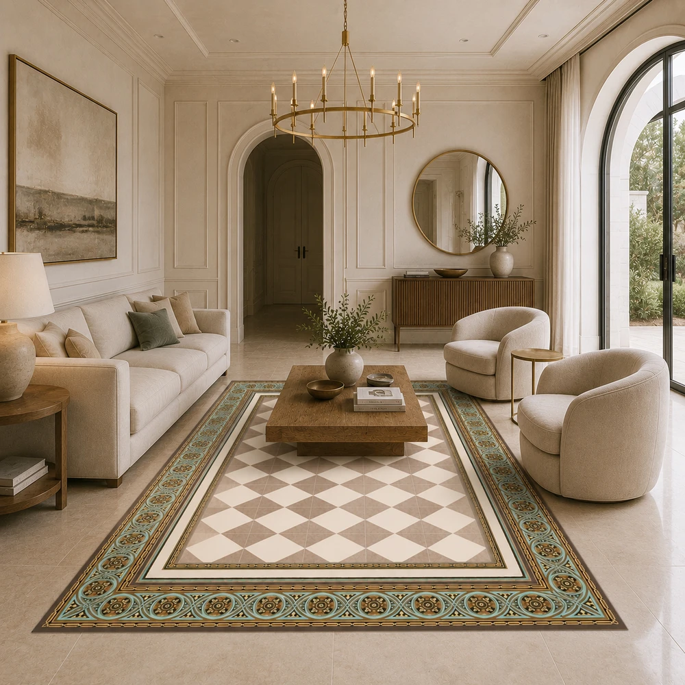 שטיח PVC מעוצב דגם ";Harmony Venice";| שטיח ויניל דמוי אריחים בגווני בז'; עם מסגרת מעוטרת
