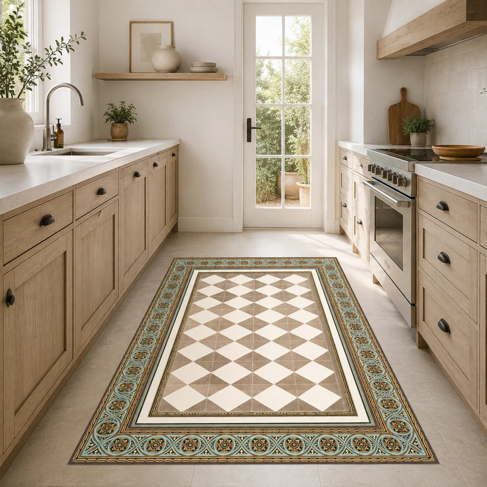 שטיח PVC מעוצב דגם ";Harmony Venice";| שטיח ויניל דמוי אריחים בגווני בז'; עם מסגרת מעוטרת