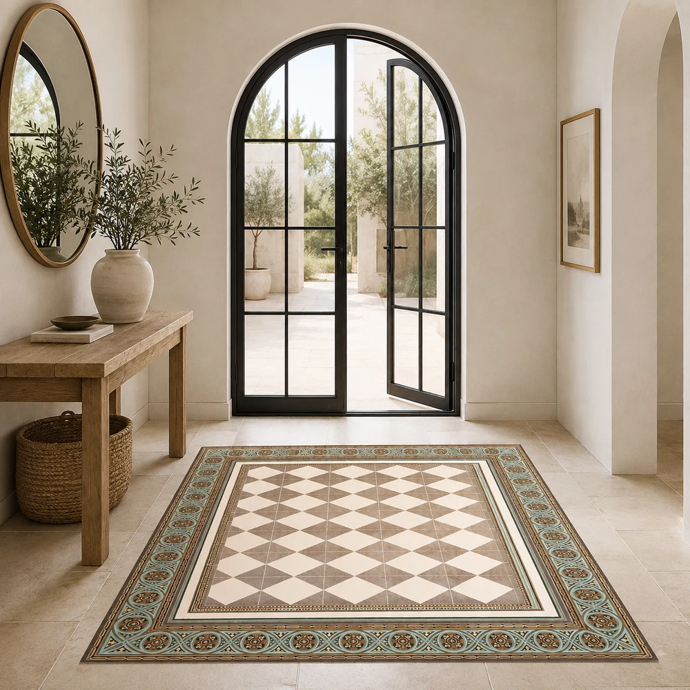 שטיח PVC מעוצב דגם ";Harmony Venice";| שטיח ויניל דמוי אריחים בגווני בז'; עם מסגרת מעוטרת