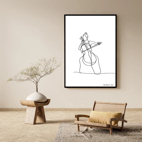 איור מינימליסטי של צ'לנית - One Line Art