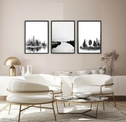 תמונות נורדיות - סט תמונות טריפטיך מודרני בשחור-לבן – תמונות של ציורי נוף מינימליסטיים