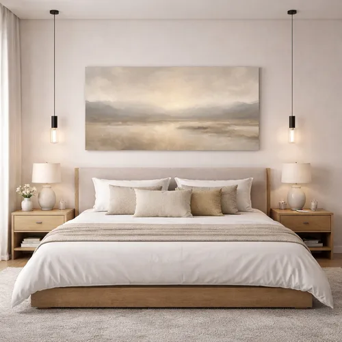 תמונת קנבס אבסטרקטית בגוונים טבעיים דגם "Golden Mist"בעיצוב מינימליסטי יוקרתי