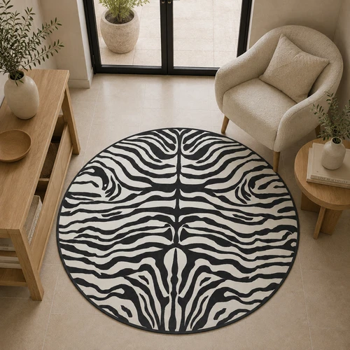 שטיח PVC עגול  זברה שחור שמנת | שטיח ויניל מעוצב - Black & Cream zebra pattern
